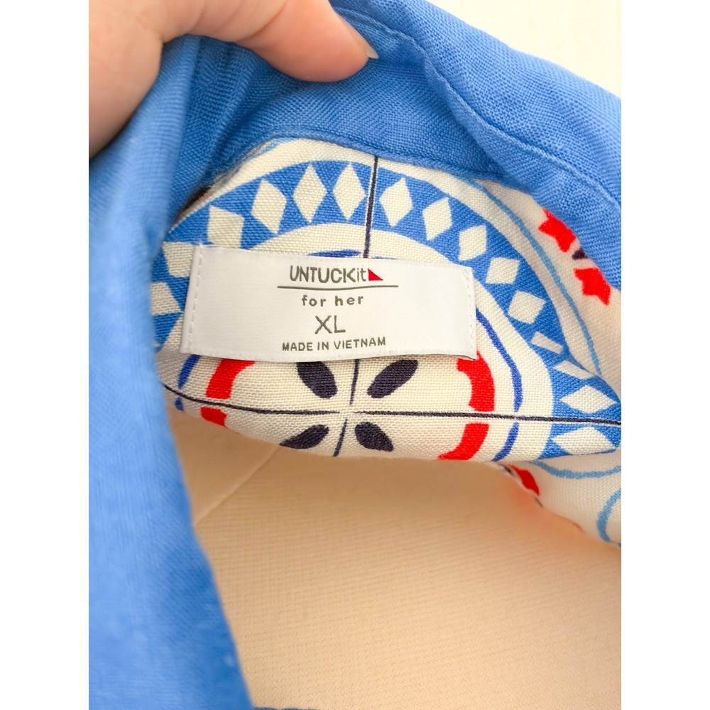 UNTUCKit Paola Dress Womens XL Linen Blend Blue Red Medallion Print Shift - Picture 5 of 9